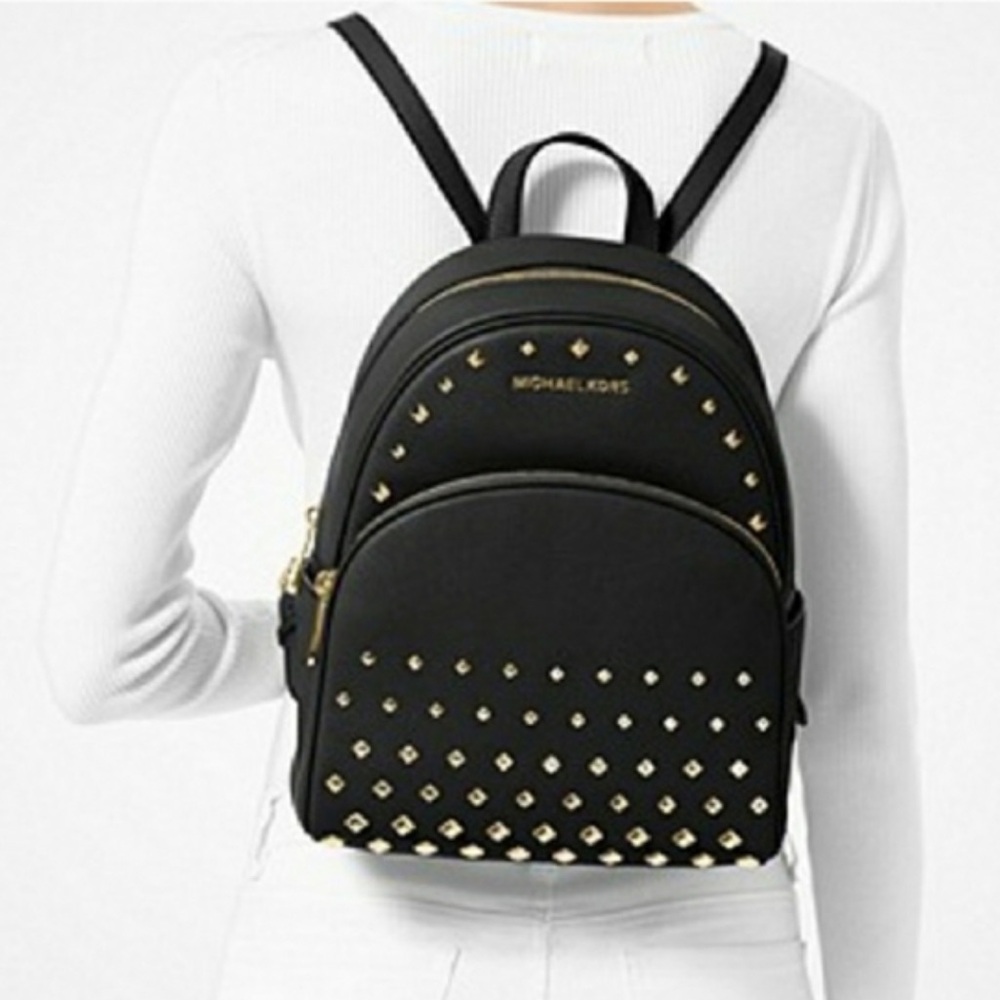 Michael Kors Abby Black and Gold Studded Leather Mini Backpack Bag - Picture 2 of 7